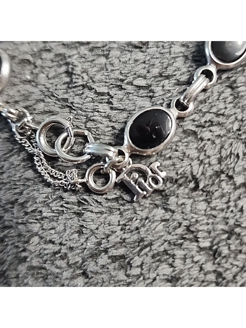 Christian Dior Sterling Silver Black Onyx Oval Link 7.5" Bracelet w/Safety Chain - Picture 4 of 7